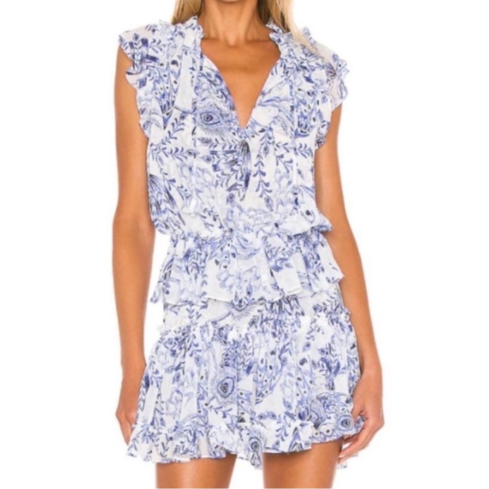 Misa Los Angeles Lilian Ruffle Mini Dress in Blue and White Peacock Print size M